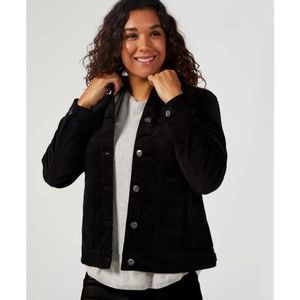 QVC Denim & Co. PLUS 2X Velvet Trucker Style JACKET Black Button Front 22W 24W